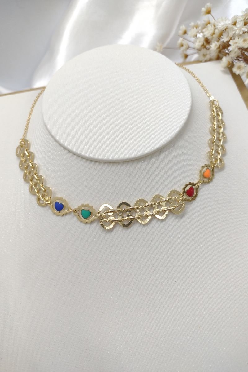 Choker Folheada Coração Resinado Colorido Dourado 553