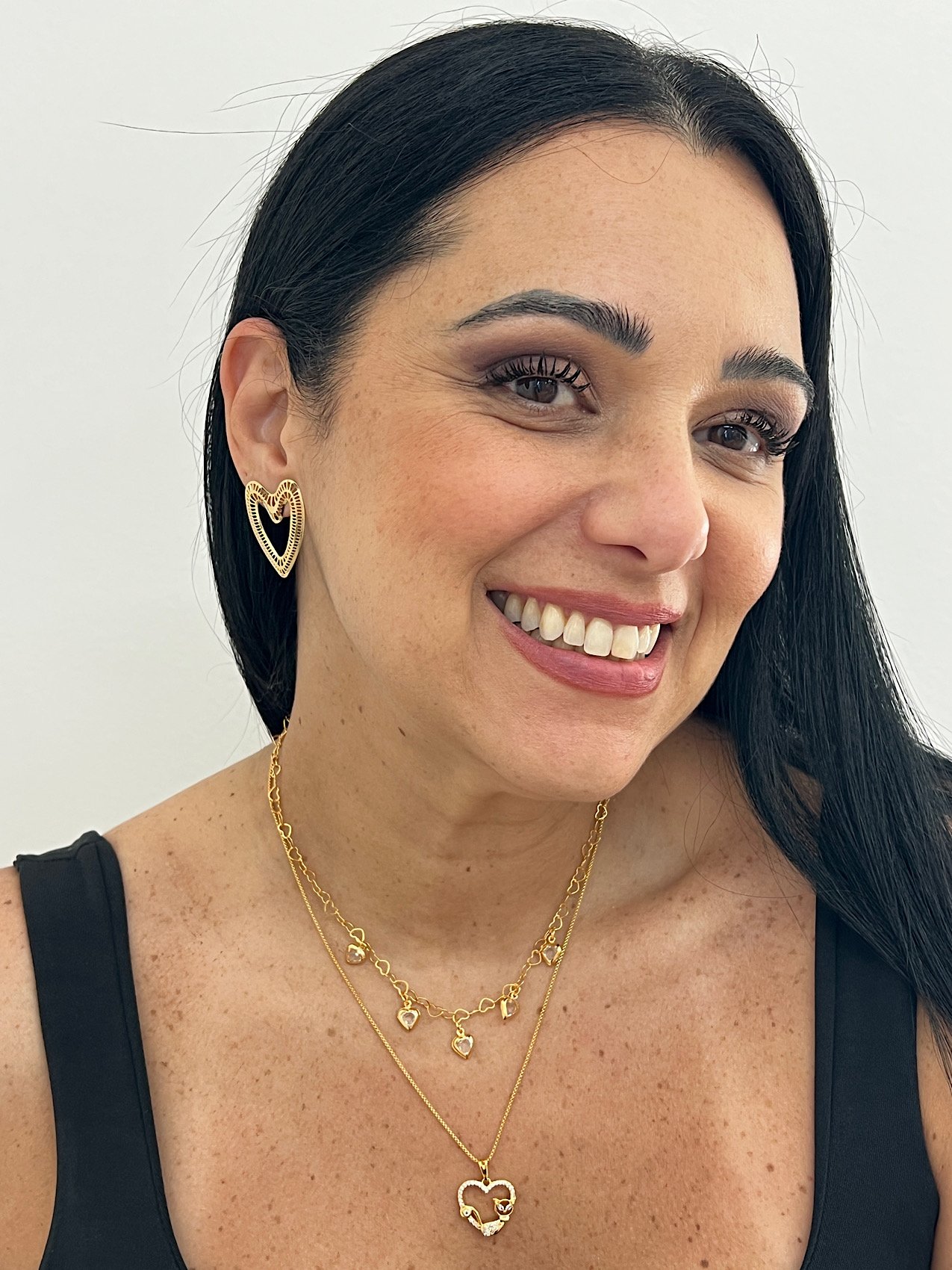 Colar Folheado a Ouro Duplo Micro Zircônia Gatinho Coração 6057