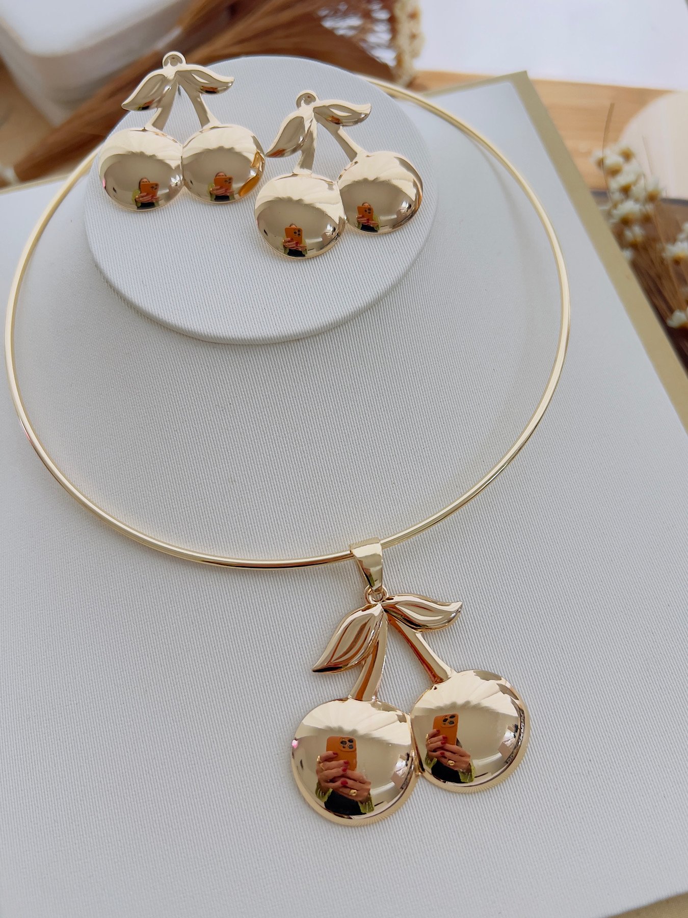 Conjunto Bijuteria Aro Dourado Cereja 9083