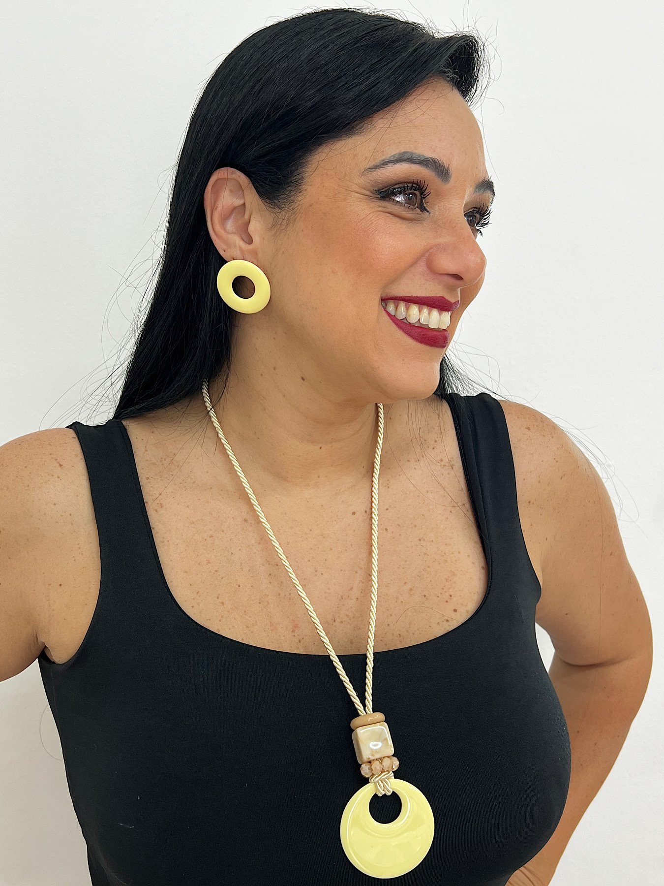 Conjunto Bijuteria Corda Amarelo Pastel 5697