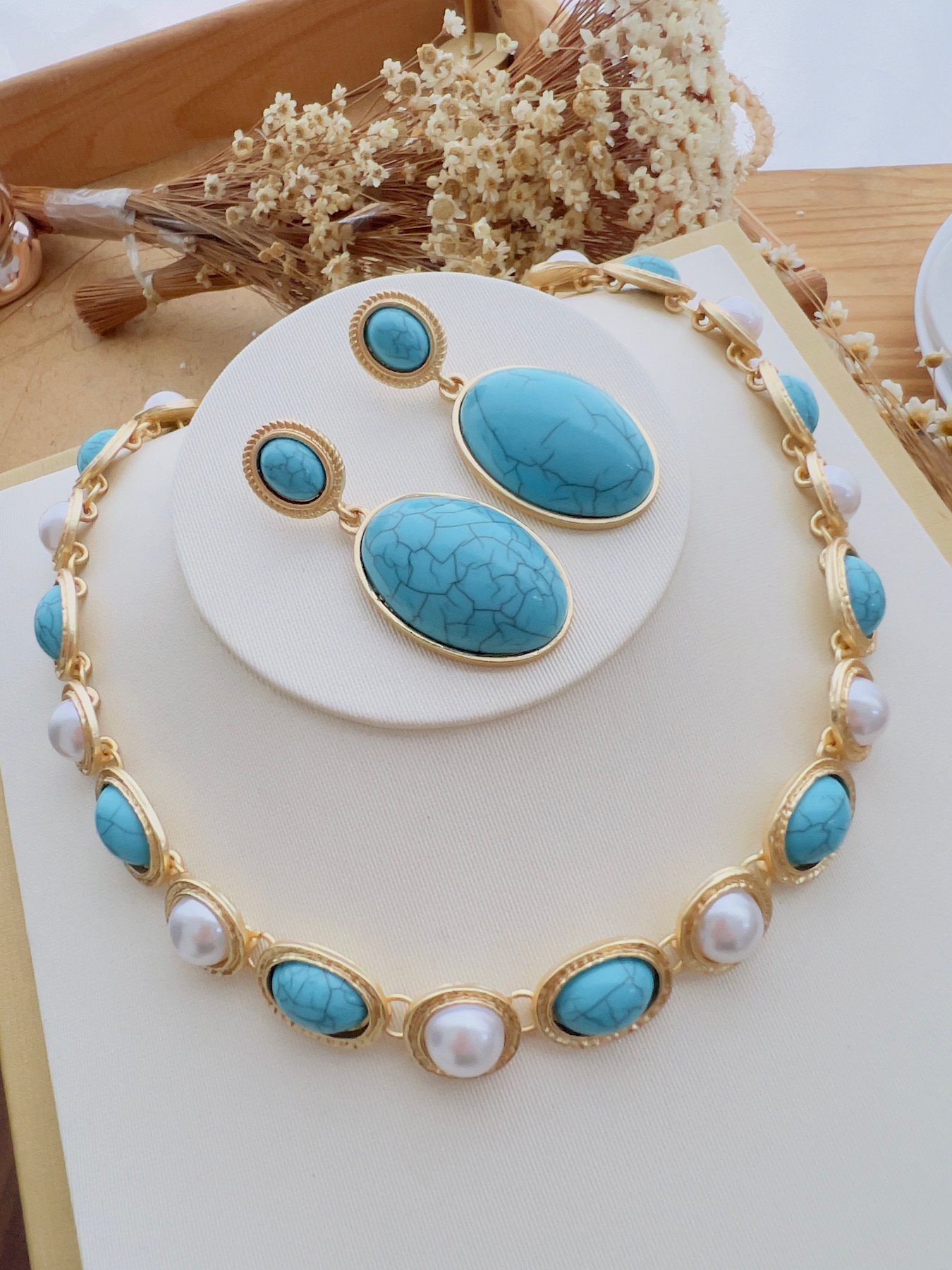 Conjunto Bijuteria Dourado Turquesa Azul 6604