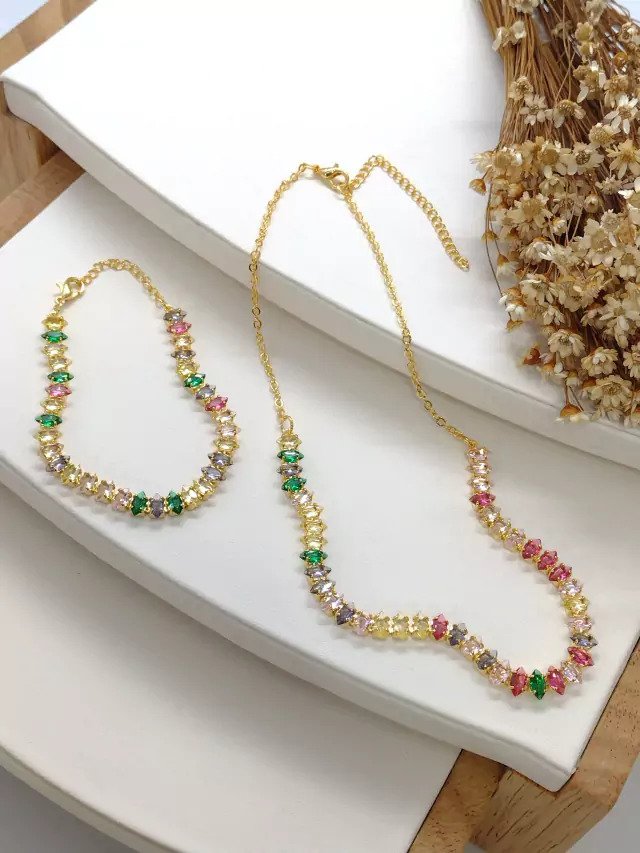 Conjunto Folheado a Ouro Colorido 3003