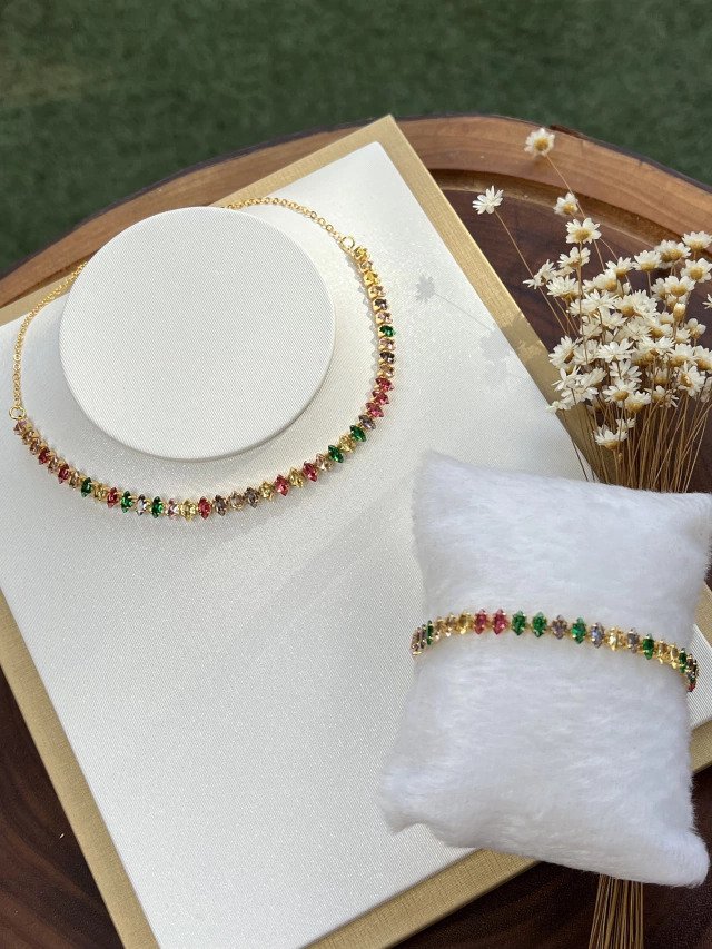 Conjunto Folheado a Ouro Colorido 3003