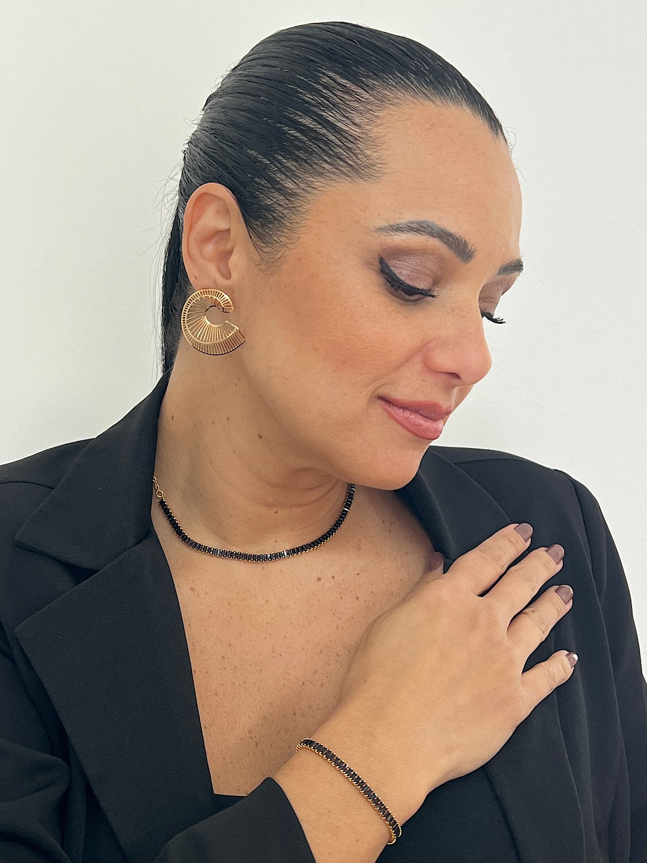 Conjunto Folheado a Ouro Navete Zircônia Preto 4406