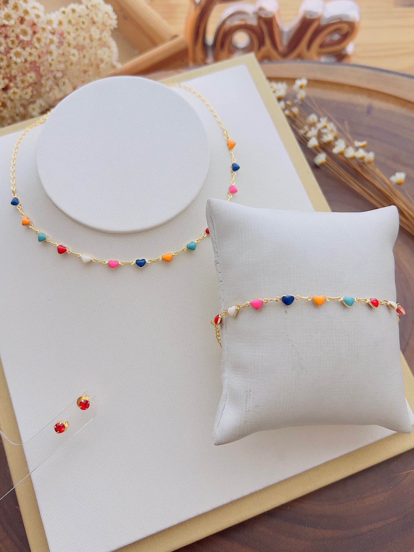 Conjunto Infantil Folheado a Ouro Coração Colorido 3989