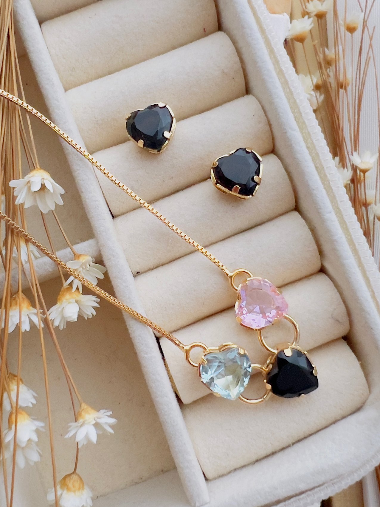 Conjunto Semijoia Coração Zircônia Preto Colorido 960