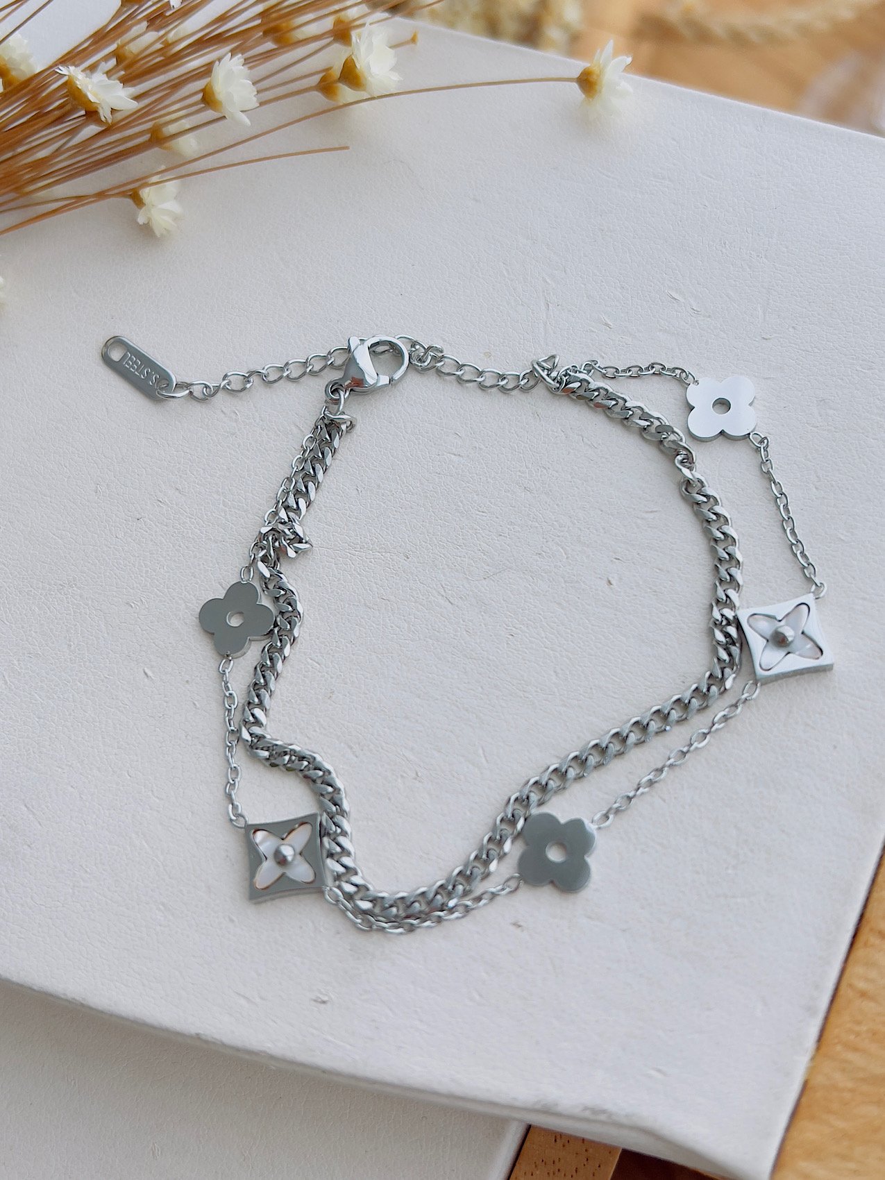 Pulseira Aço Inoxidável Prata Inspiração Perolado 8870