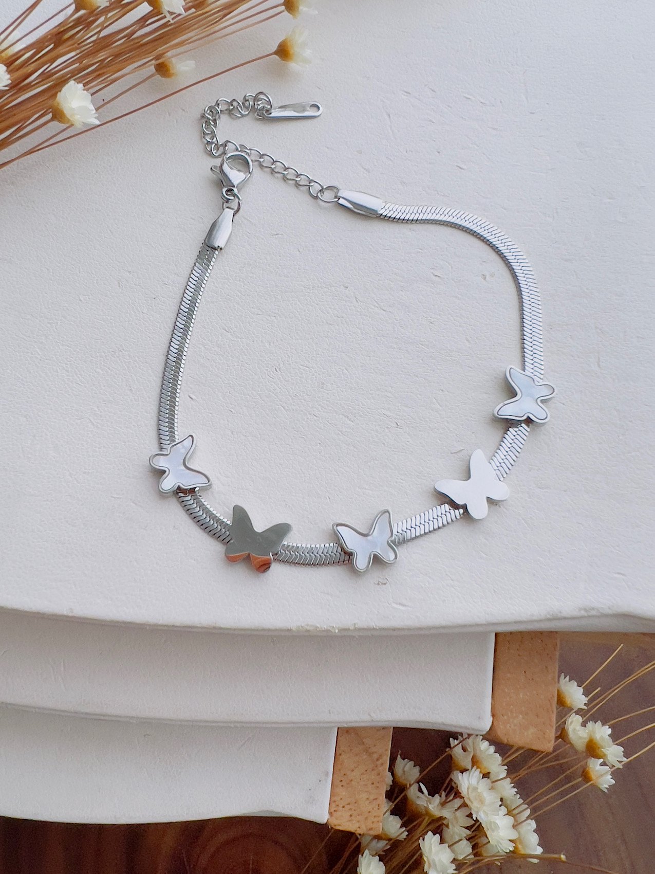 Pulseira Aço Inoxidável Prata Laminado Borboleta Perolado 8916