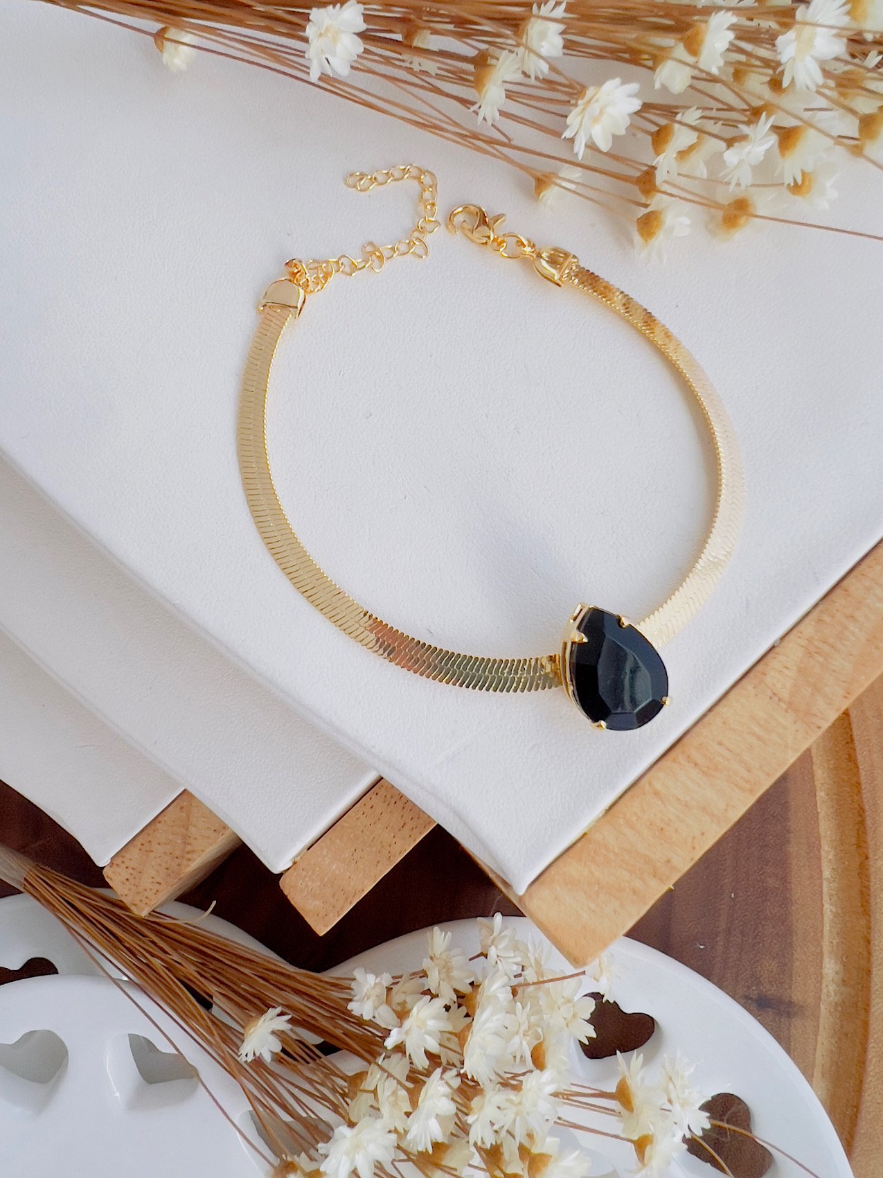 Pulseira Folheado a Ouro Malha Fita Gota Preto 5856