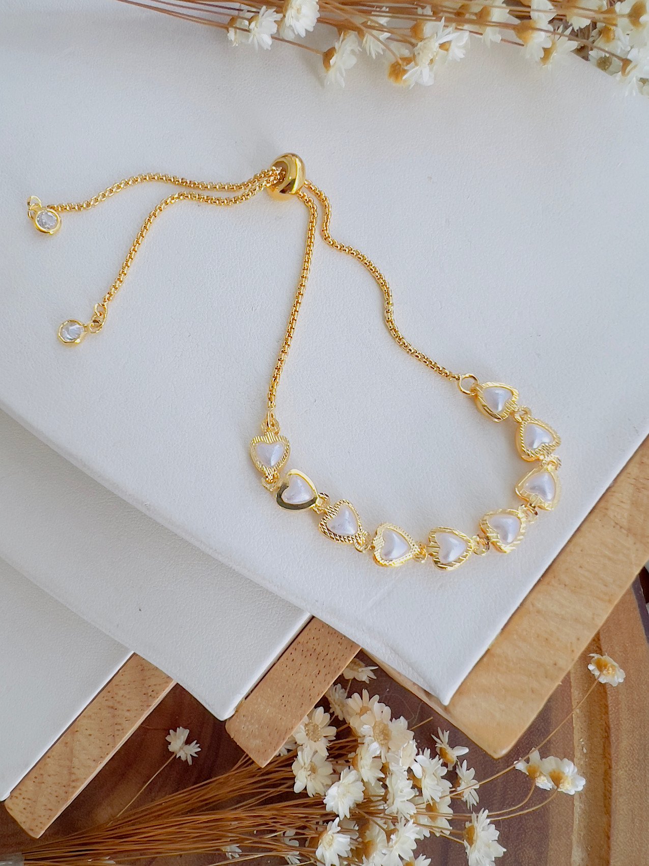 Pulseira Folheado a Ouro Regulável Coração Perola 6113