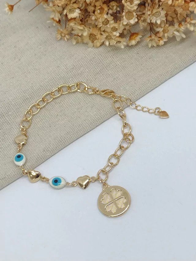 Pulseira Semijoia Trevo Olho Grego 466
